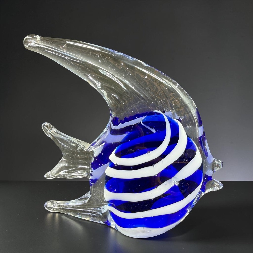 Italian Art Glass Fish Figurine Cobalt Blue White Striped Nautical Decor 5in